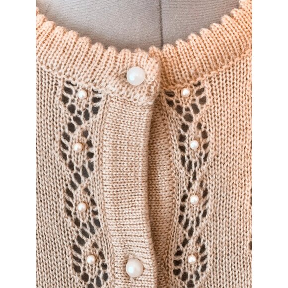 Vintage 80s Carmel Brown Beaded Knit Cardigan Sweater Size Medium - Picture 8 of 10